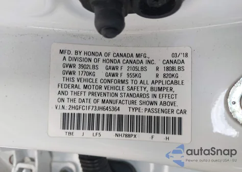 2018 Honda Civic Ex-L из США, поврежденный, VIN 2HGFC1F73JH645364